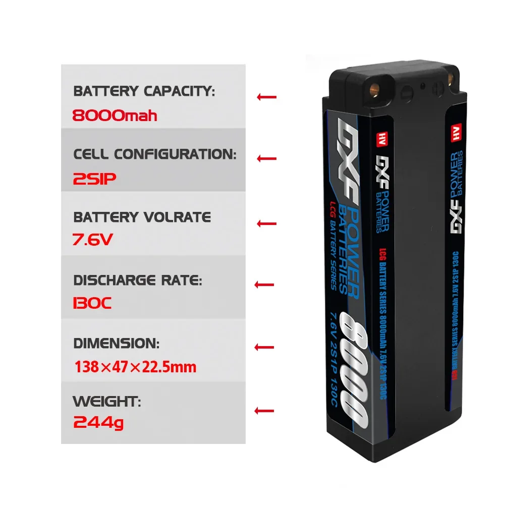 DXF 2S 7.6V 5mm Bullet Graphene 9200mah 8000mah 7200mah 8400mah 10000mah Lipo Battery Competition Short-Pack for RC 1/10 Car