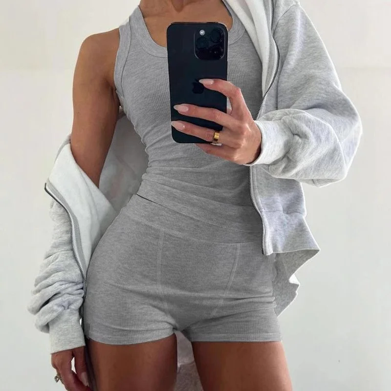 

New Fashion Womens Workout Shorts Set Slim Fit Solid Grey Sleeveless Tank Tops and Shorts 2 Pcs Set S M L