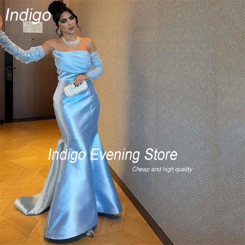 Indigo Mermaid Evening Dress Strapless Long Sleeves Satin Pleat Open Back Party Prom Gown Formal Occasion Dress فساتين السهرة