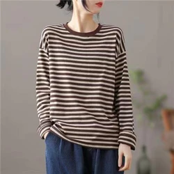 Cotton Striped T-shirt Women's Long Sleeved Top Loose Thin Small Shirt Versatile High-end T-shirt Base Shirt