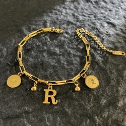 Queen Coin Letter 18K Gold-plated Stainless Steel Bracelet for Women Small Bell Pendant Adjustable Bracelet Classic Jewelry Gift