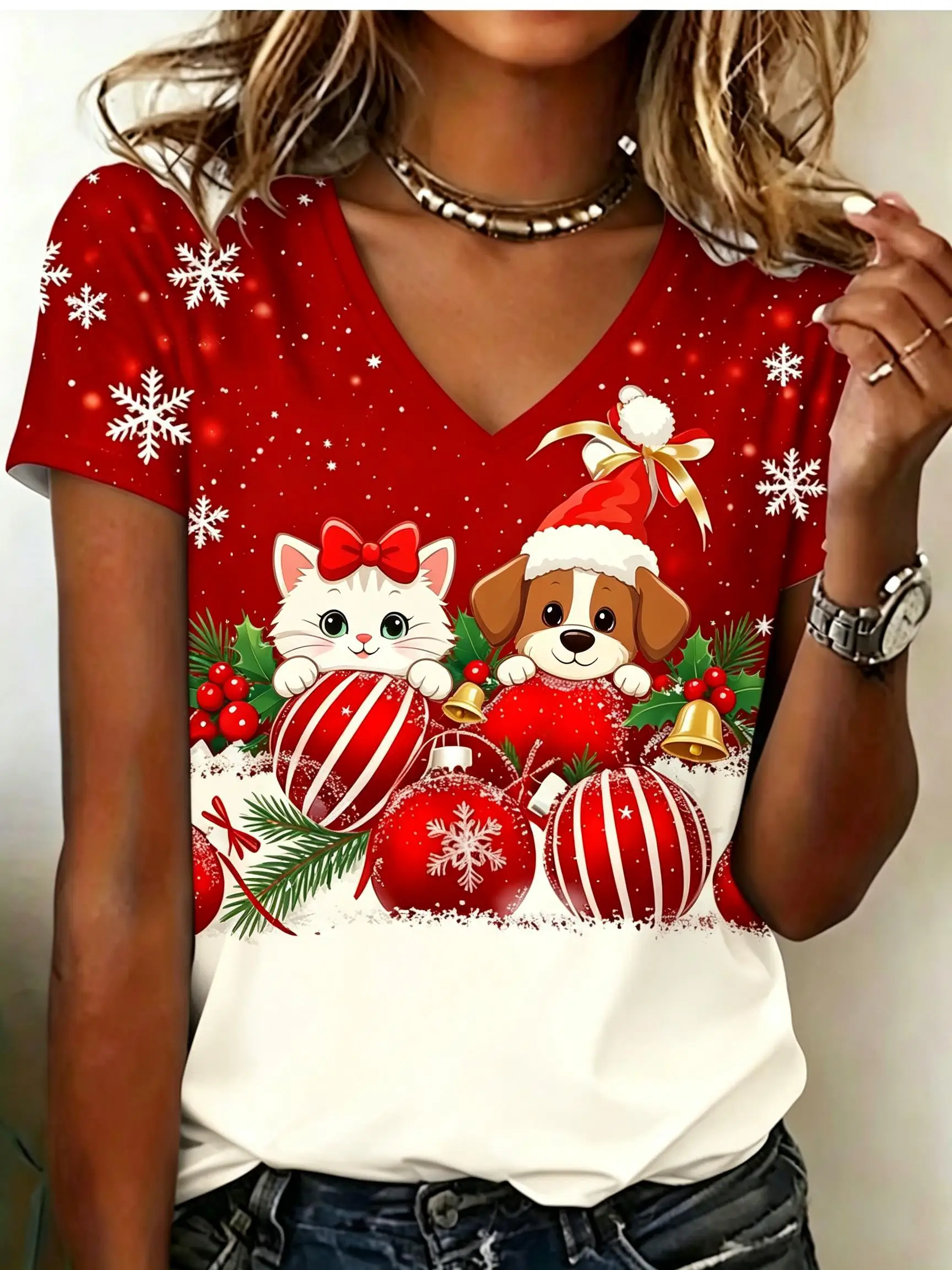 Women V‑Neck Short Sleeve T‑shirt Christmas Ornament Ball Cartoon Animal Snowflake Print Xmas Holiday Casual Party Tee Top