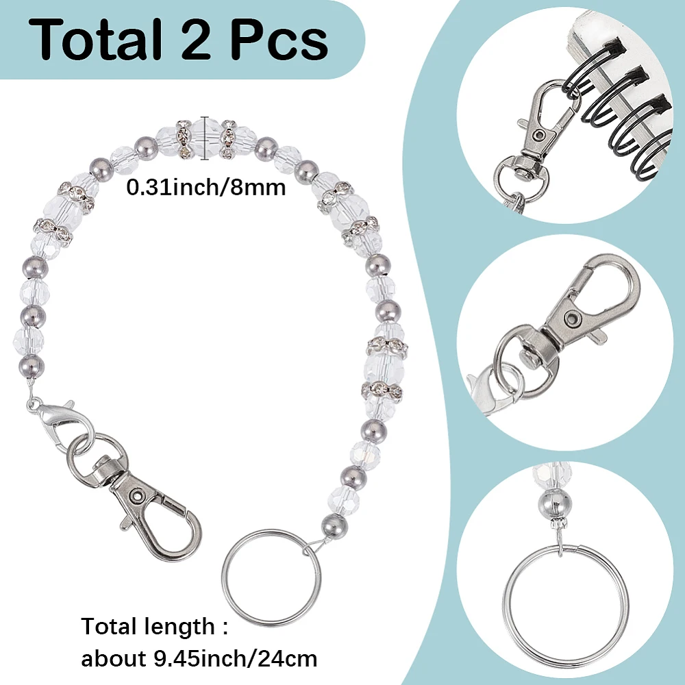 2pcs Bead Key Holder Beaded Strap Chain Clear Ab Transparent Glass Long Anti Lost Beaded Key Keeper Lanyard Wristle Keyrings