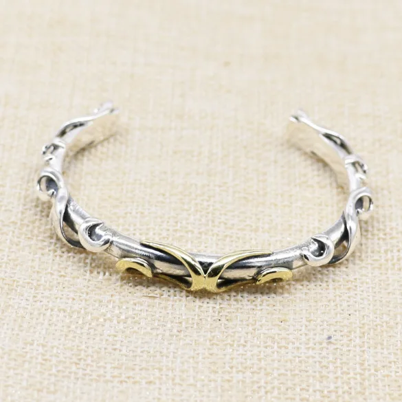 

s925 sterling silver Japanese tangcao pattern bracelet fashion men and women opening bracelet retro personality hipster ornament