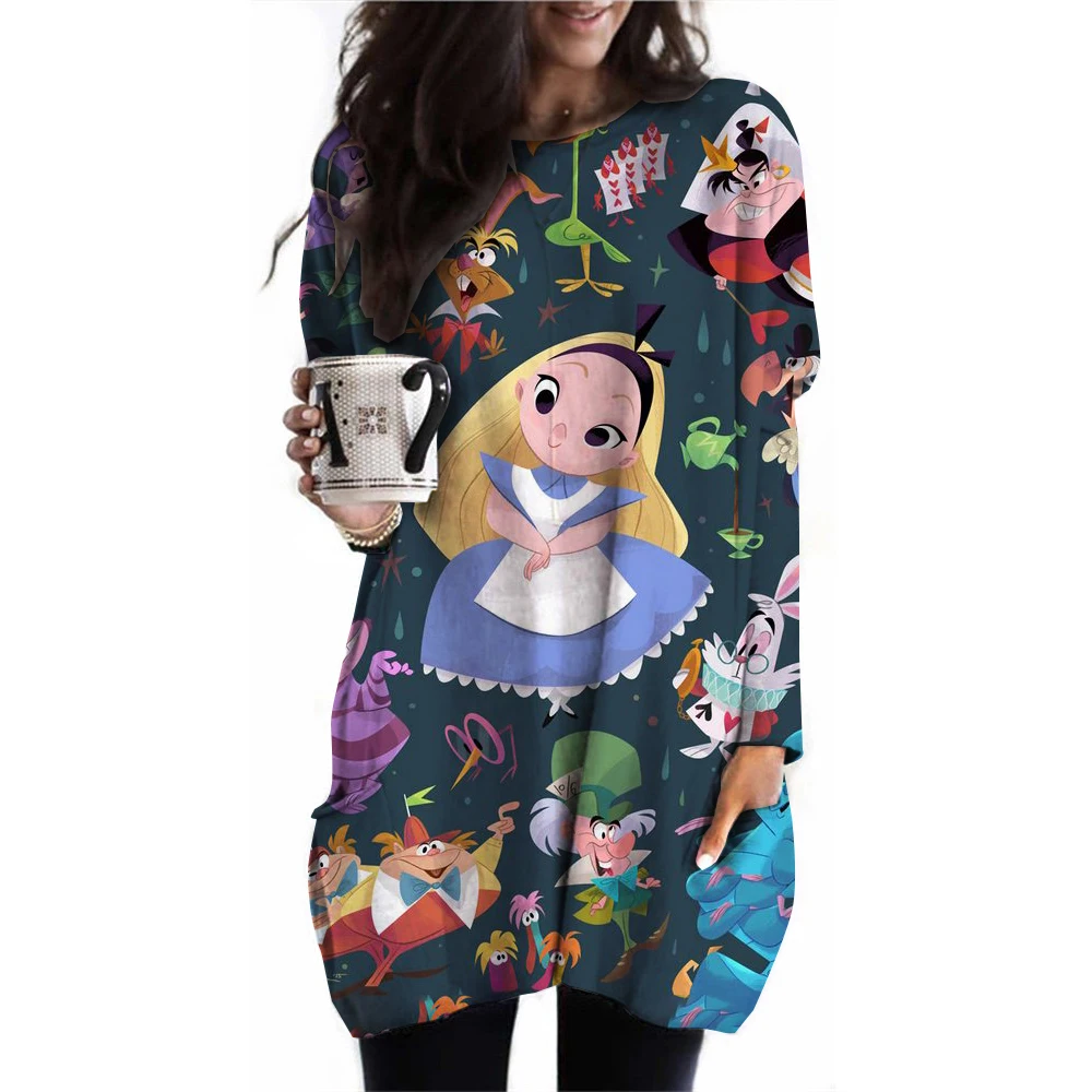 جديد ديزني الأميرة المطبوعة تي شيرت المرأة طويلة الأكمام جيب تي شيرت أعلى الخريف أزياء عارضة قميص المتضخم جولة الرقبة سحب #5