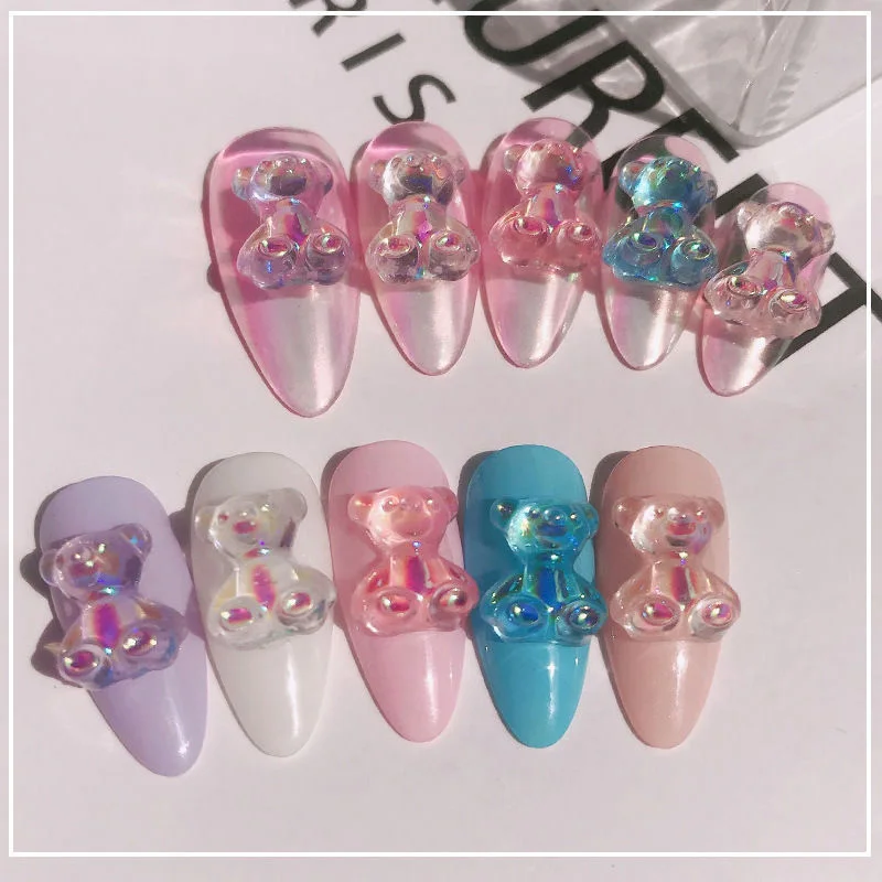 20Pcs Aurora Bear Nail Art Decorations 3D Resin Shiny Jelly Bear Ornaments Cute Cartoon Manicure Gem Charms DIY Accessories 8mm