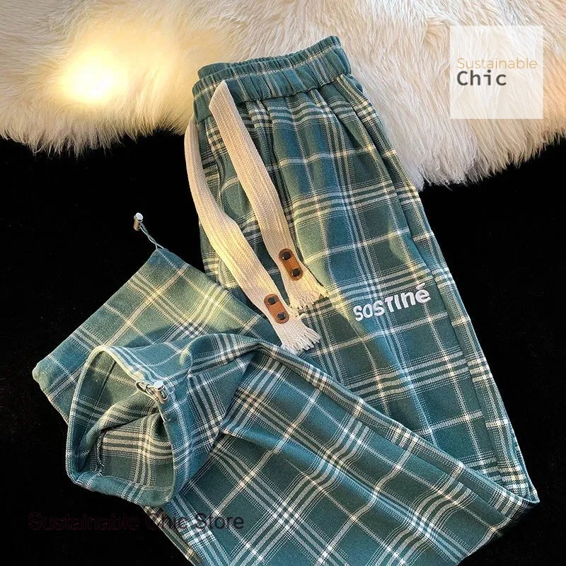 Korean style plaid wide-leg pants women retro casual sweatpants Spring and Autumn new Korean version of loose straight pants.