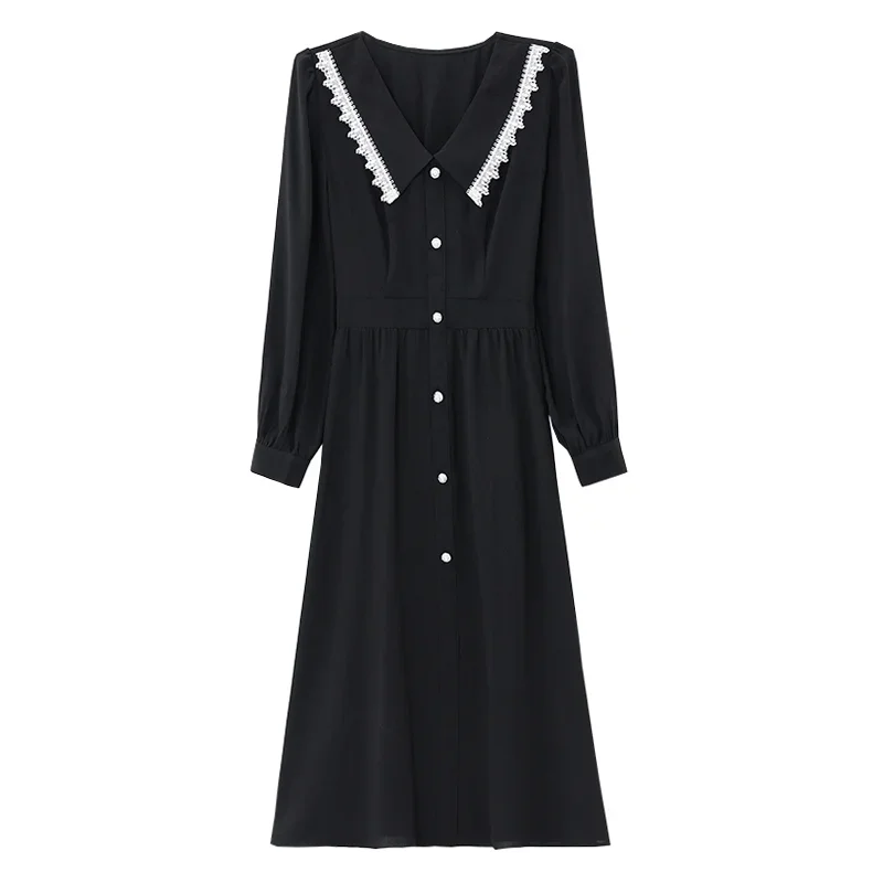 

2025 Spring/Summer New Women's Commuter V-neck Splicing Retro High Waist Long Sleeve A-line Skirt