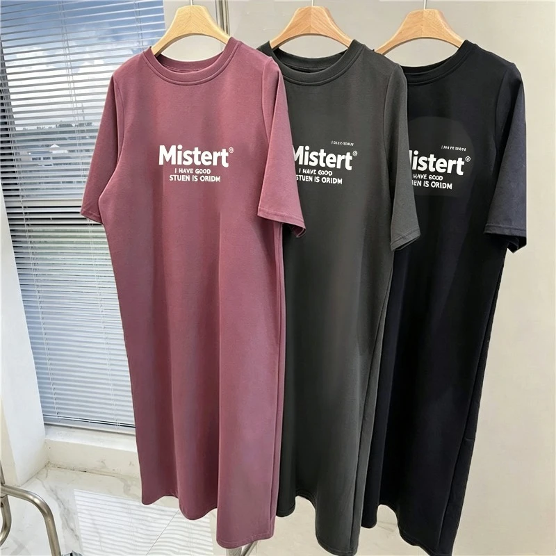 

Plus Size Casual T-shirt Dress Women O-neck Short Sleeve Letter Print Loose Long Tshirt Dress Summer Oversized