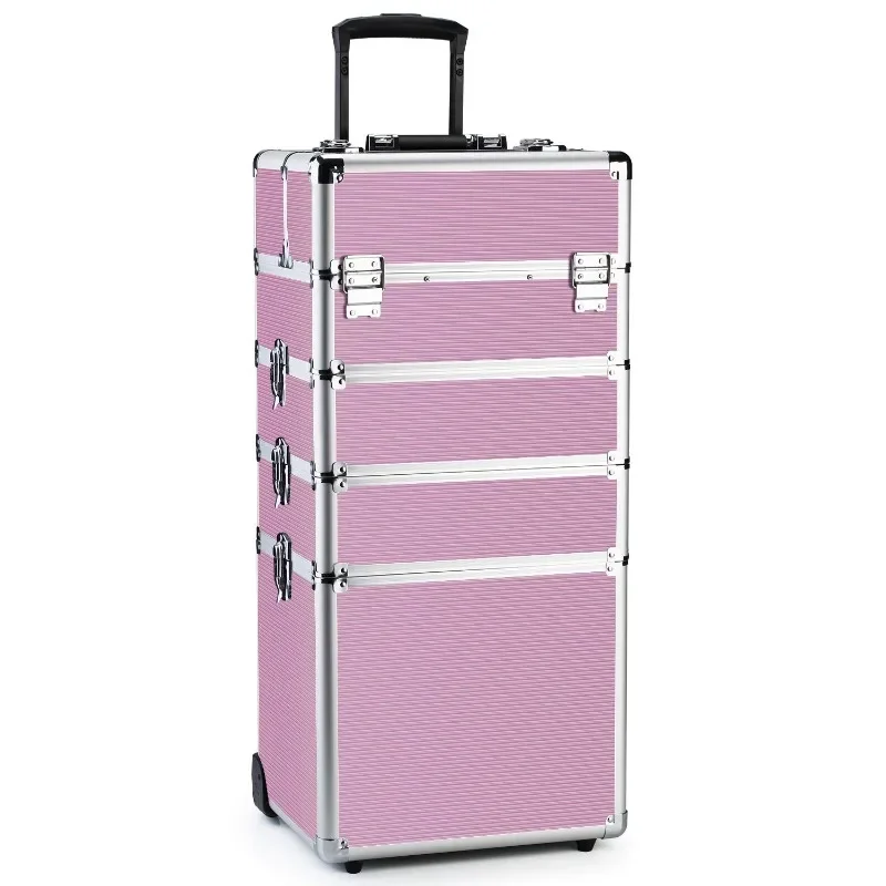 OUDMAY Makeup Train Case 4 in 1 Professional Cosmetics Rolling Organizer Aluminum Frame and Folding Trays Pink