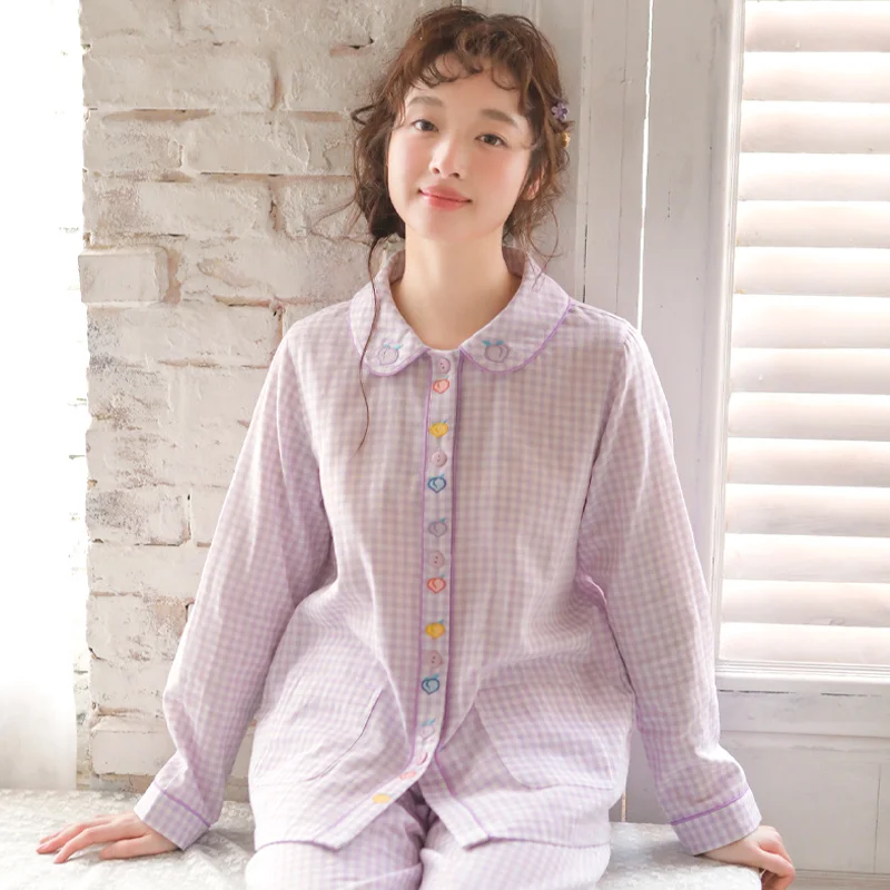 

Pajama women's spring and autumn pure cotton gauze plaid sweet embroidery long sleeved cotton home suit set