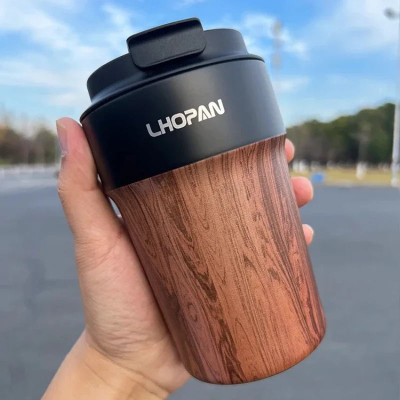 Portable Wood Grain Coffee Mug with Lid Vacuum Insulated Tumbler Thermos Cup for Hot/Cold Beverages Ceramic Coated Interior