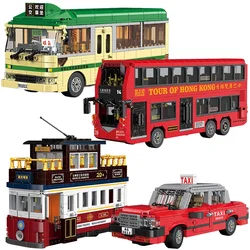 Classic Hong Kong Double Decker Bus Model Building Blocks City Retro Taxi Antique Tram MOC Creative Bricks Toys Kids Adult Gifts