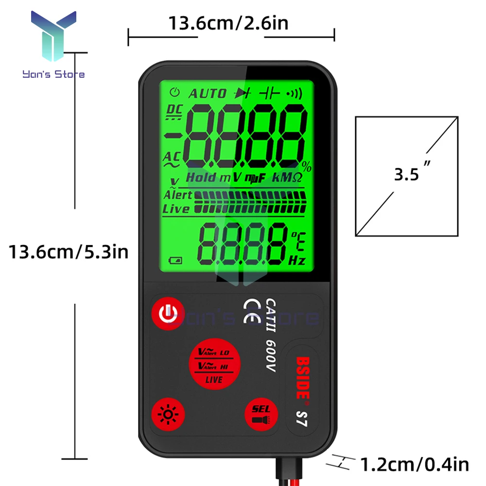 1Set BSIDE ADMS7 Voltage Tester Large LED Digital Smart Multimeter 3-Line Display TRMS 6000 Counts with Analog Bargraph 600V