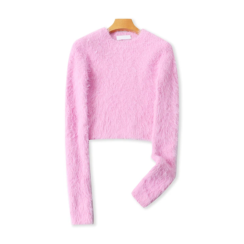 

Slim Fit round Ne Knitwear Faux Fur Women's Autumn Winter Warm Faion Personali ort Length Color Sweater