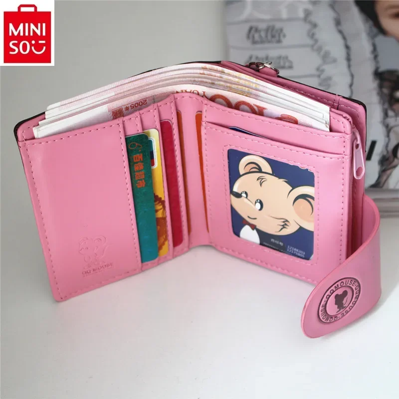 MINISO 2024 New Fashionable Student Cute Fresh Zipper Change Card Bag Cartoon Mickey Multi functional Storage Wallet