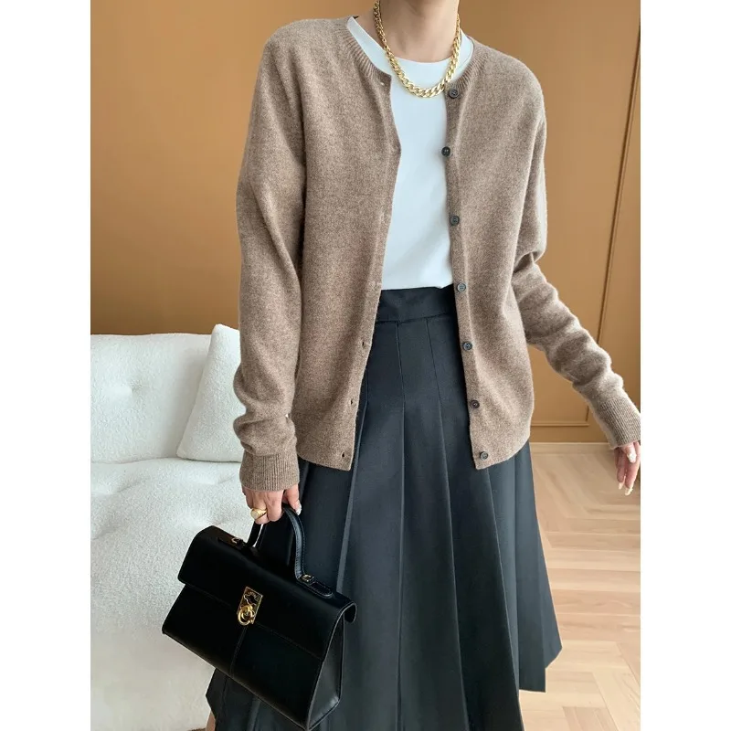 2024 Women Autumn O-Neck Single Button 100% Cashmere Cardigans Wool Fleece Sweater Purplr Green Color Women Cape Clothes Tops