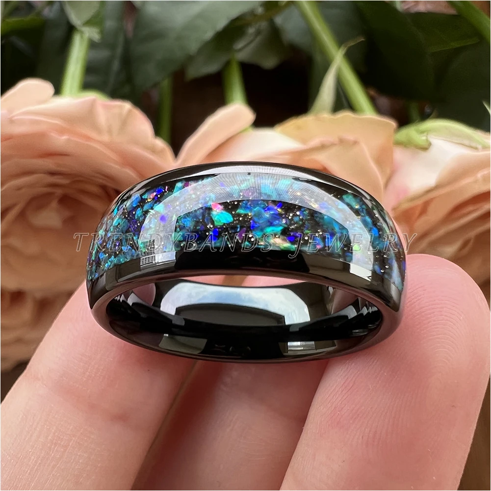 Black 8mm Tungsten Carbide Engagement Rings for Men Women Wedding Band Galaxy Opal Inlay Domed Polished Shiny Comfort Fit