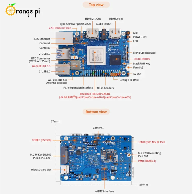Orange Pi 5 Ultra 8GB/16GB LPDDR5 Ram RK3588 Rockchip Board WIFI 6E+BT5.3 With M.2 HDMI In Port OPi5 Ultra - view 6