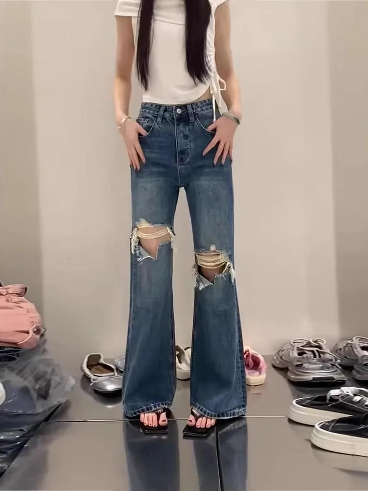 아메리칸 슬레 레트로 홀 데님 진 여성 플러스 사이즈 하이웨이스트 엘라스틱 슬리밍 마이크로 플레어 팬츠 캐주얼웨어 여름용