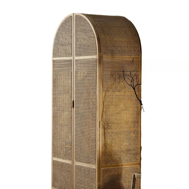 

Solid wood rattan wardrobe storage cabinet Small apartment retro homestay arched dome casement door Storage clothing cabinet