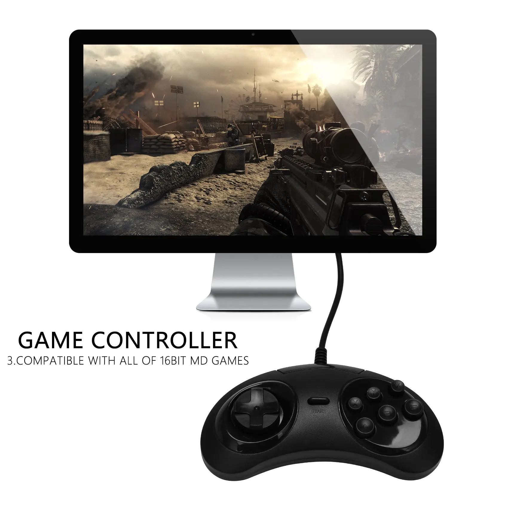 وحدة تحكم ألعاب USB سلكية مكونة من 6 مفاتيح من Gamepad Joypad لـ Sega Genesis / Md Pc / 2 Y1301 / Mac Mega Drive بلاستيك أسود