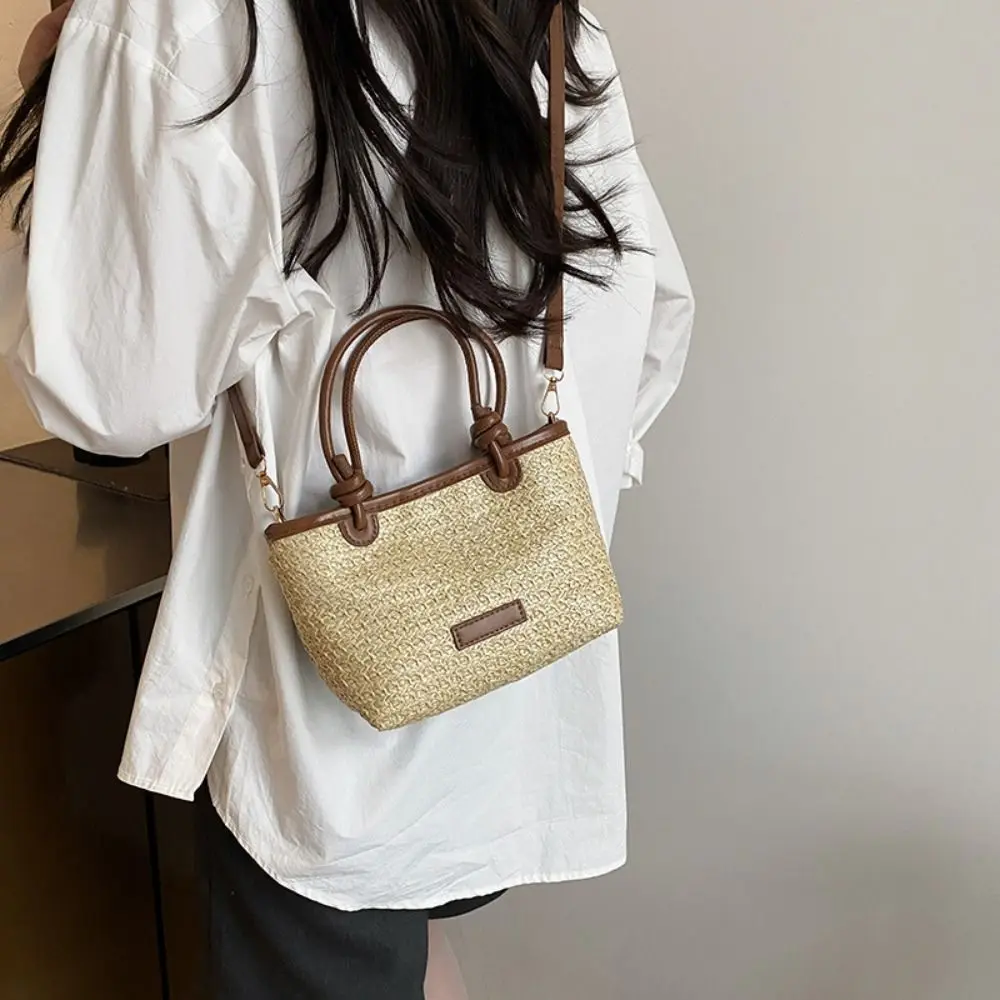Summer Vacation Women's Beach Straw Shoulder Bag Retro Design Ladies Portable Crossbody Bags Knot Basket Woven Tote Handbags