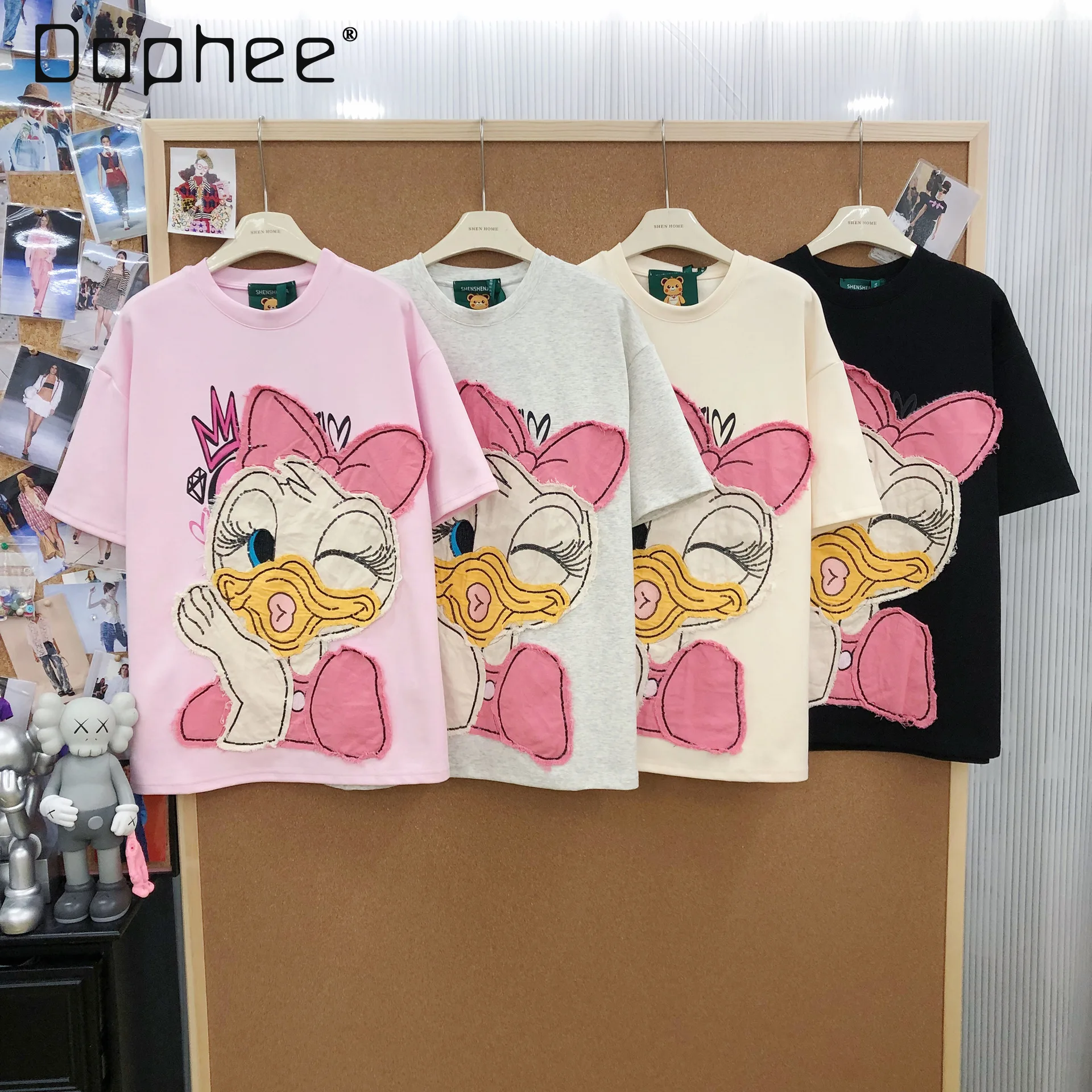 

Женская футболка оверсайз из хлопка с коротким рукавом в корейском стиле, свободного кроя, с вышивкой в виде мультяшной утки, универсальная, женская одежда