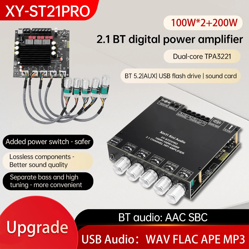 XY-ST21PRO Bluetooth 5.2 Subwoofer Amplifier Board 100W*2+200W 2.1 Channel Power Audio Stereo Bass AMP TPA3221