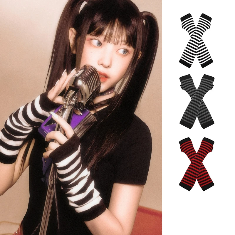 Y2k Striped Fingerless Arm Sleeve High Socks Set INS Sunscreen Arm Sleeve Gloves Cosplay Lolita Accessories Cute Overknee Socks