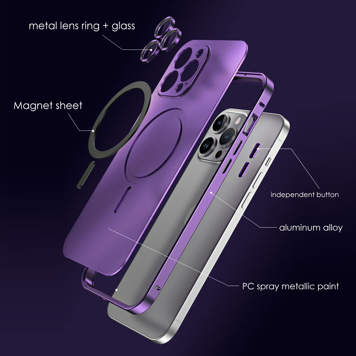 Coque magnétique en aluminium pour iPhone, cadre en métal, chargement sans fil Magsafe, lentille en verre, coque arrière PC, 13, 12, 14, 15 Pro Max, 15Plus