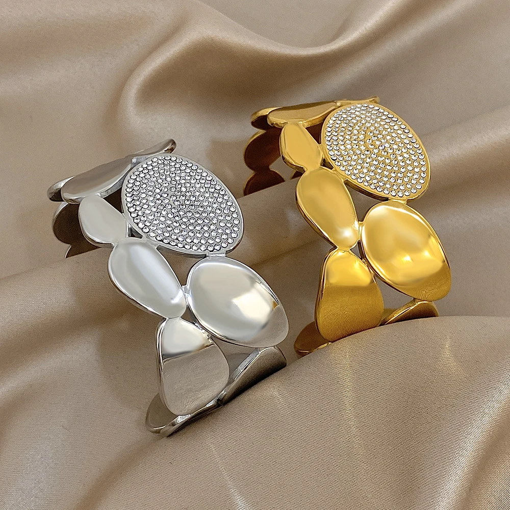 

DODOHAO Luxury Zircon Stainless Steel Wide Bracelet Women Punk Irregular Geometric Opening Bangle Bracelet Party Wedding Jewelry