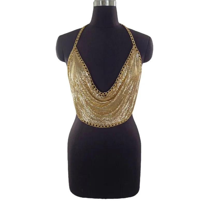 Damen-Top aus goldenem Metallnetz mit Ketten-Halterneck, drapiertem U-Ausschnitt, rückenfreiem Crop-Top und verstellbarem Ketten-Body-Harness für Party, Rave und Festival – Detail 7
