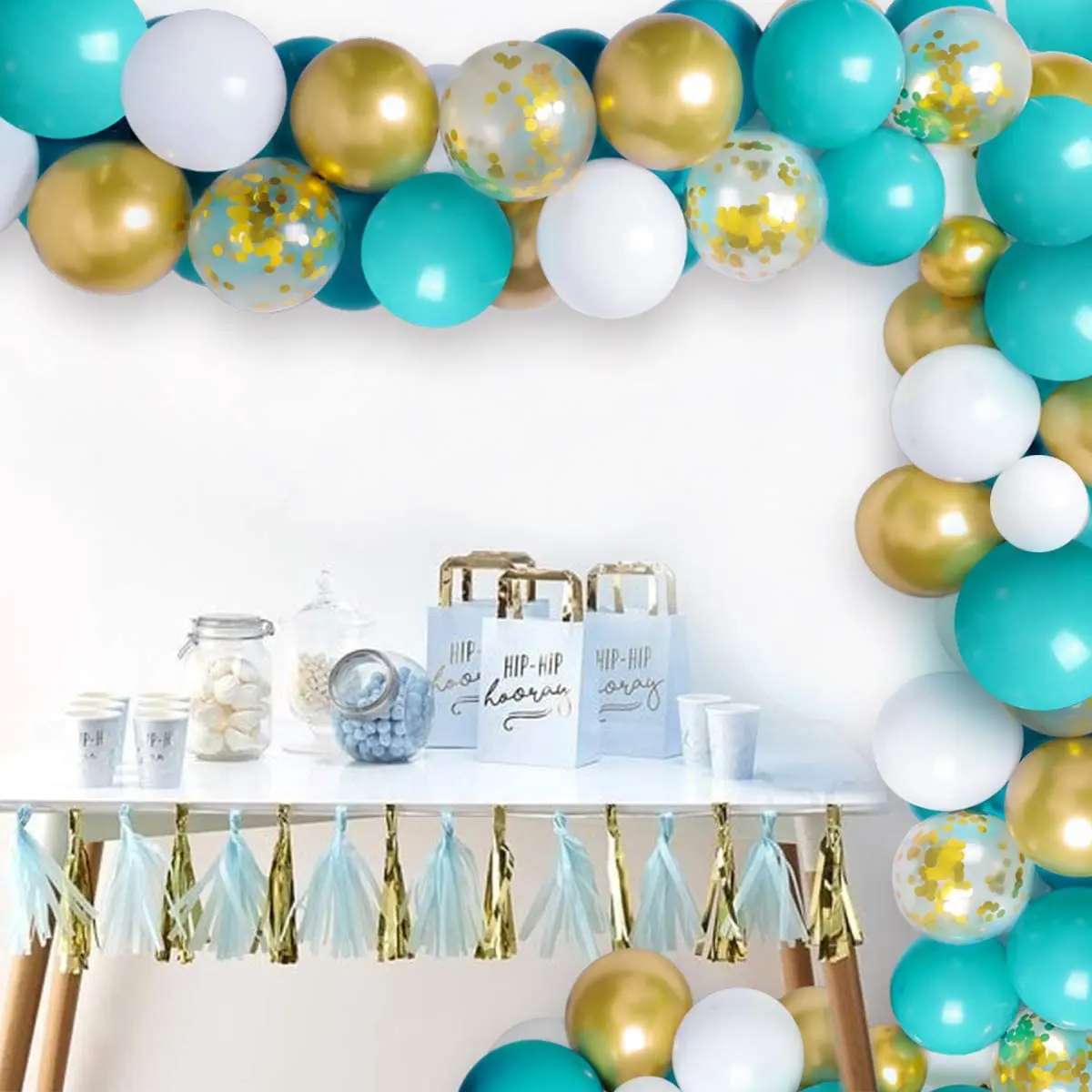 

Teal Gold Balloon Garland Party Decorations Turquoise and White Balloon Garland Kit Blue Metallic Golden Confetti Balloons