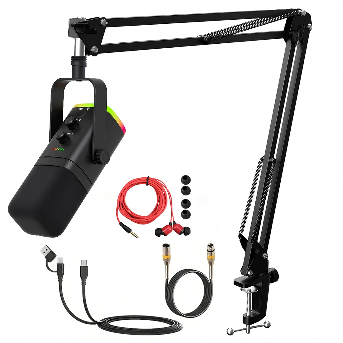 XLR/USB Podcast Microphone, Gaming Mic with Mute Button, Reverb Effects, Noise Cancellation, Boom Arm Stand, Headphones Jack