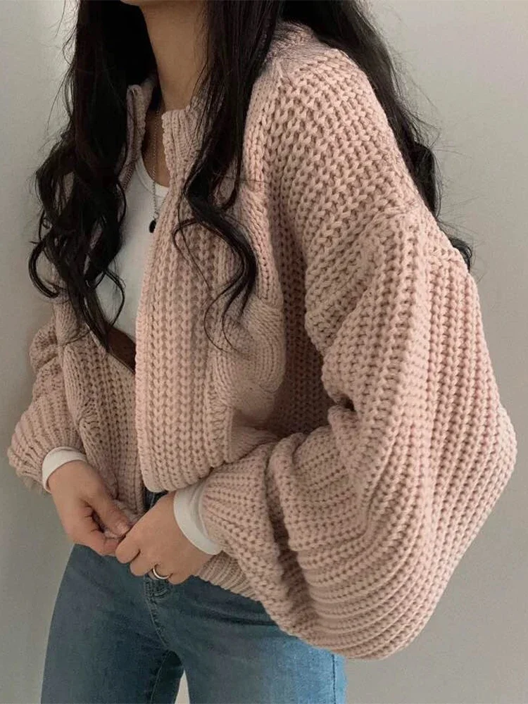 

Korean Thick Cardigan String Twist Woman Top Zipper Short O-neck Solid Sweater 2023 Autumn Female Casual Loose Knitted Coat