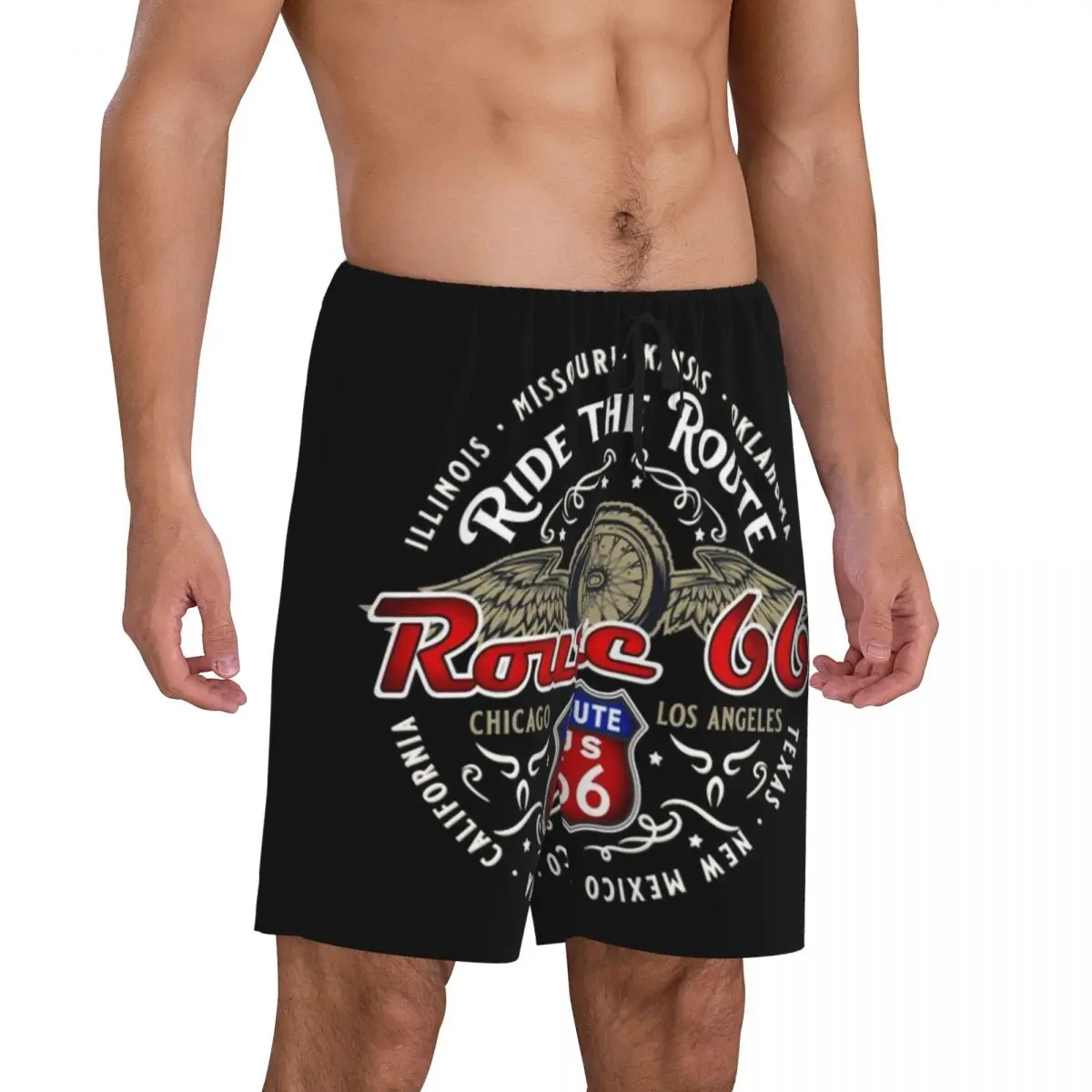 Custom The Route 66 Biker Motorcycle Cruise America's Highway Pajama Bottoms Sleep Shorts Stretch Sleepwear Pjs with Pockets