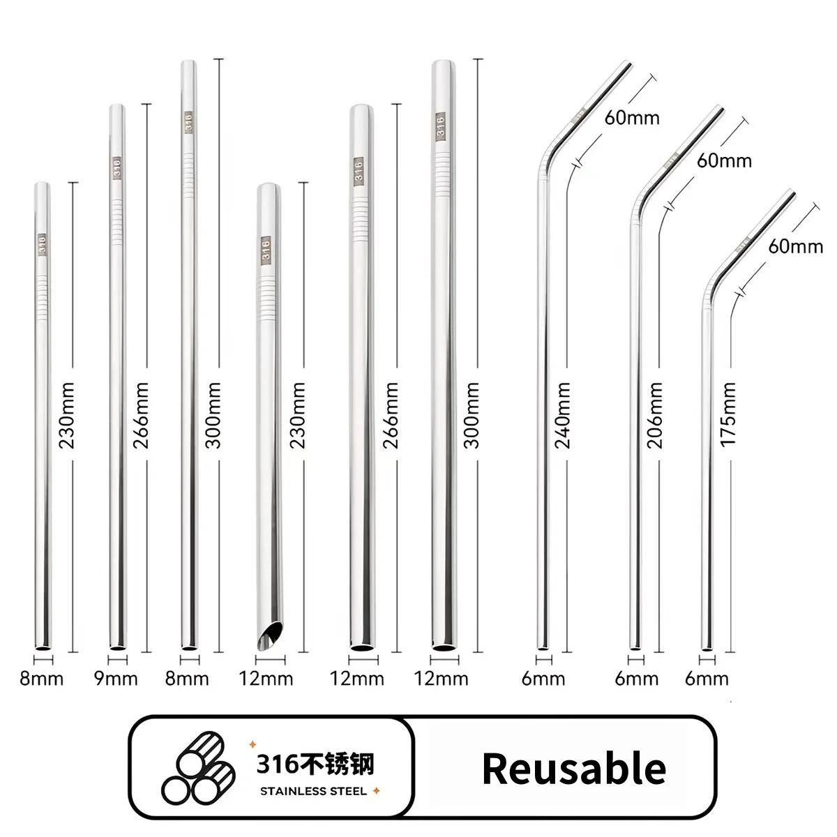 [Single-pack] 316 Stainless Steel Straws: 6–8–9–10–12 mm, Food-Grade, Heat-Resistant, Eco-Friendly Metal Drinking Straws