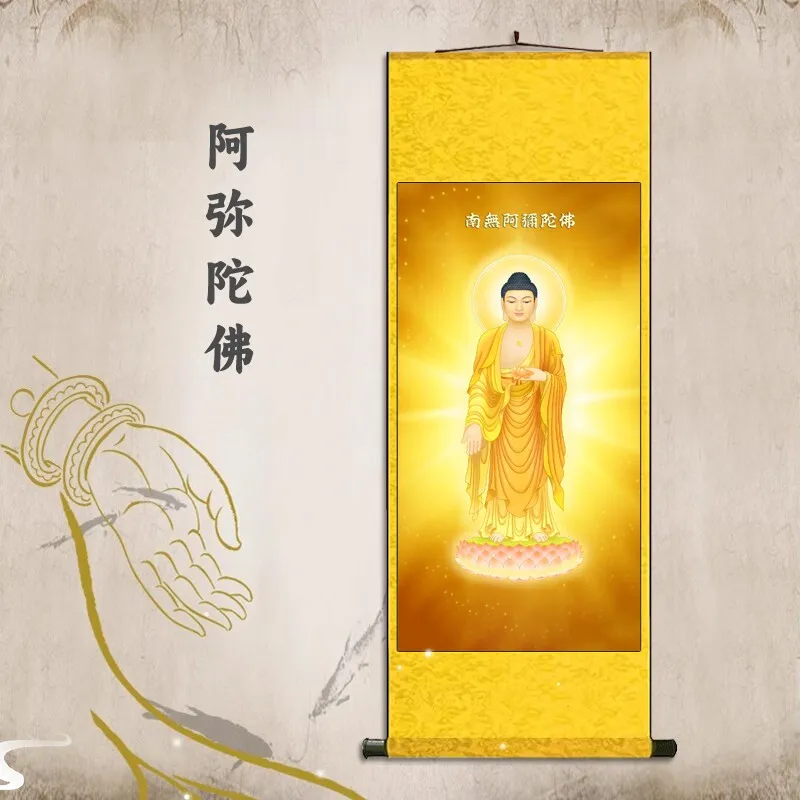 Cz amitabha buddha portrait hanging painting buddha hall worship buddha statue background living room silk decorative painting