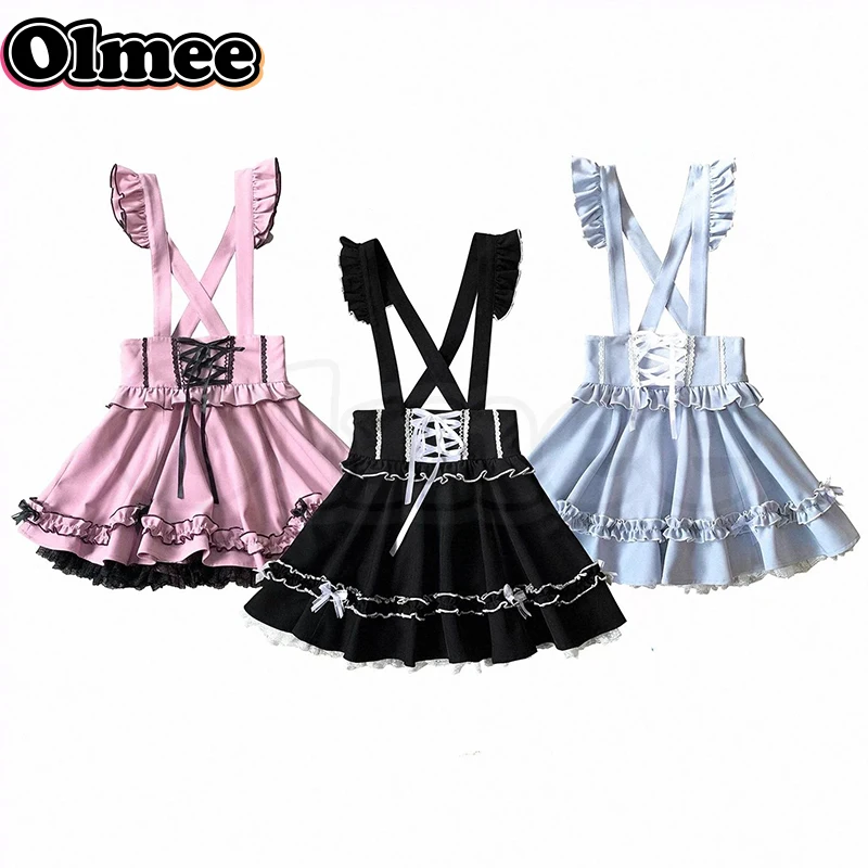 [Olmee] In Stock Lolita Ribbon Tatt Lace Overall Skirt Dress Japanese Jirai Kei Mine Style y2k Kawaii Girly Belt Pinafore