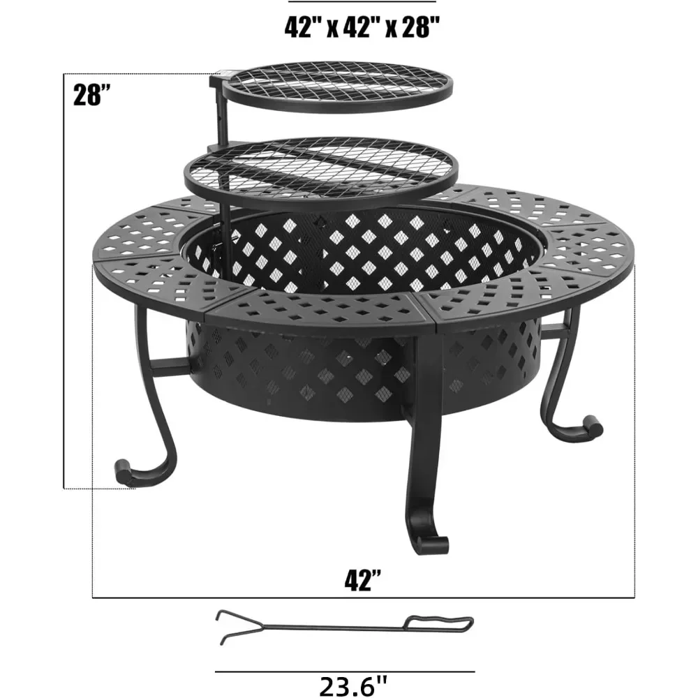 42 Inch Fire Pit Table with 2 BBQ Grills, Lid & Fires Poker, BBQ & Outdoor Firepit & Round Metal Tables 3 in 1, Fire Pit Table