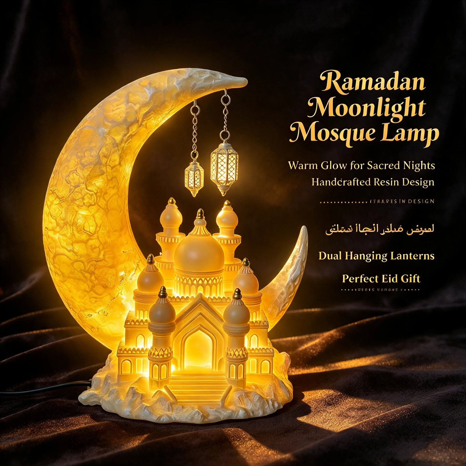 LED Crescent Moon Mosque Resin, Lamp Islamic Ramadan Decoration Eid, Mubarak Gift Home Table Ornament, Night Light Decor 1Pc
