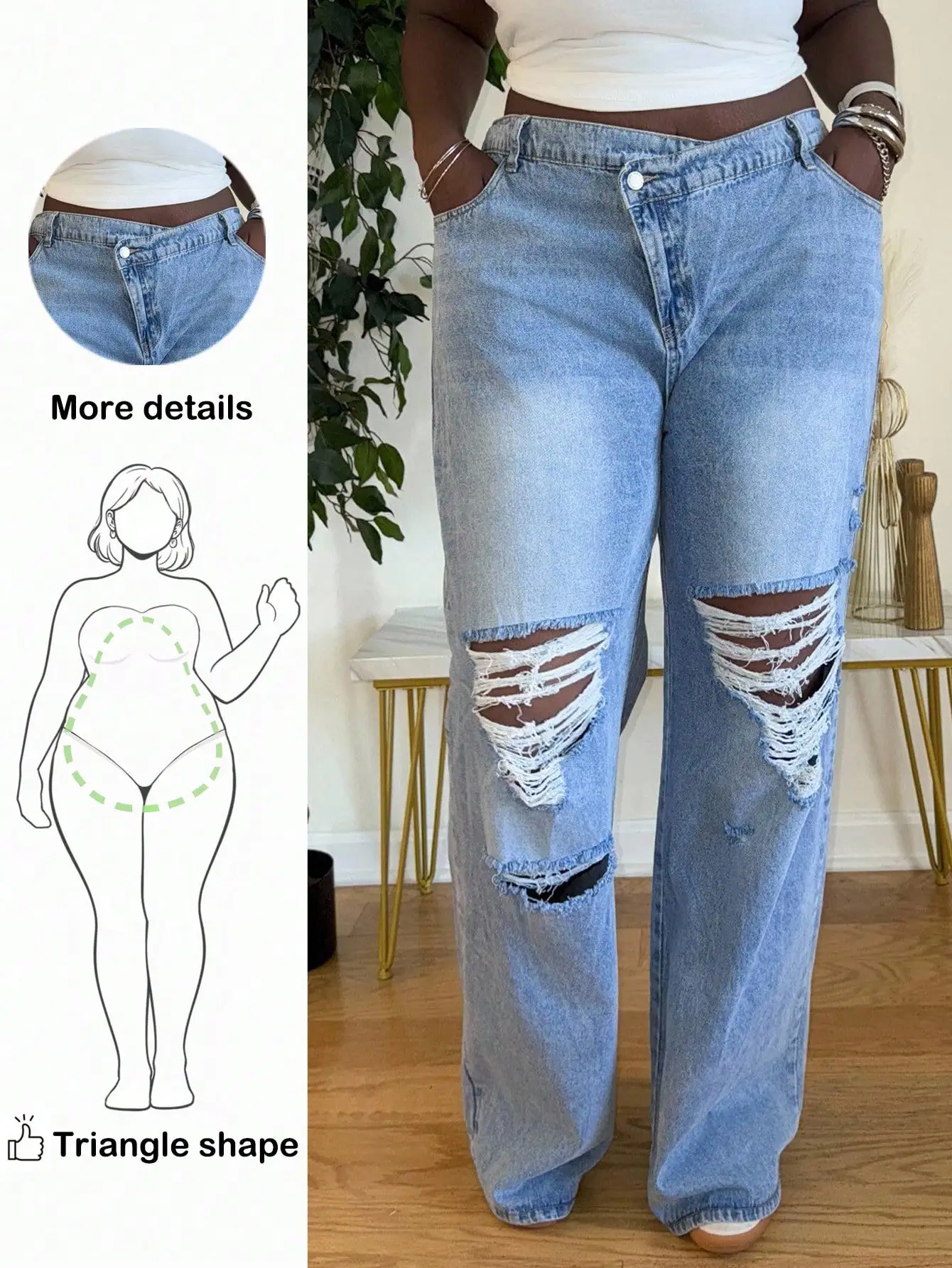 

Plus Size Wide-Leg Ripped Denim Pants with Asymmetrical Waist for Triangle Body Shape