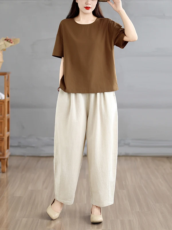 

Summer Ethnic Style Loose Linen T-Shirt Top And Wide Leg Pants Two Piece Set Casual Comfortable Fashion Women's Ensemble