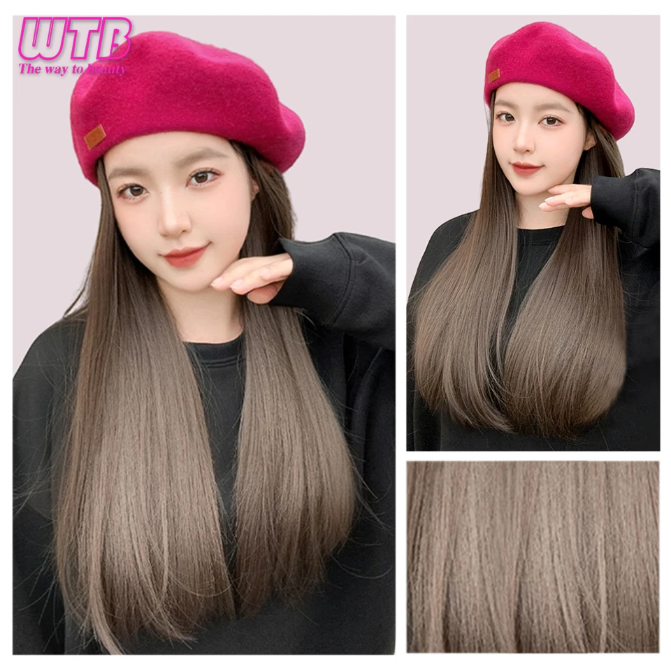 Synthetic Fashion Beret Long Straight Wig integration 45cm High quality Heat-resistant Hair Suitable for women\'s Daily wear.