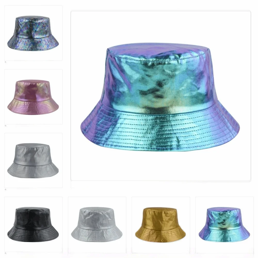 Leather Luminous Bucket Hat Wide Brim Single Sided Laser Rainbow Fisherman Hat Solid Color Silver Shiny Sun Cap Hip Hop Street