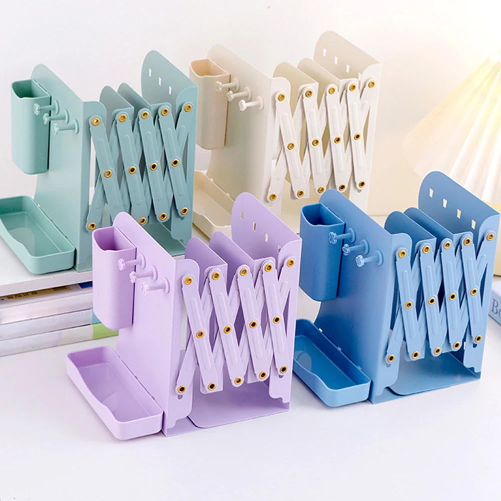 Book Ends 4"-17" Extension Range 3 Dividers Adjustable Metal Book Holders With Removable Pen Holder Tray And 3 Hooks For Desktop