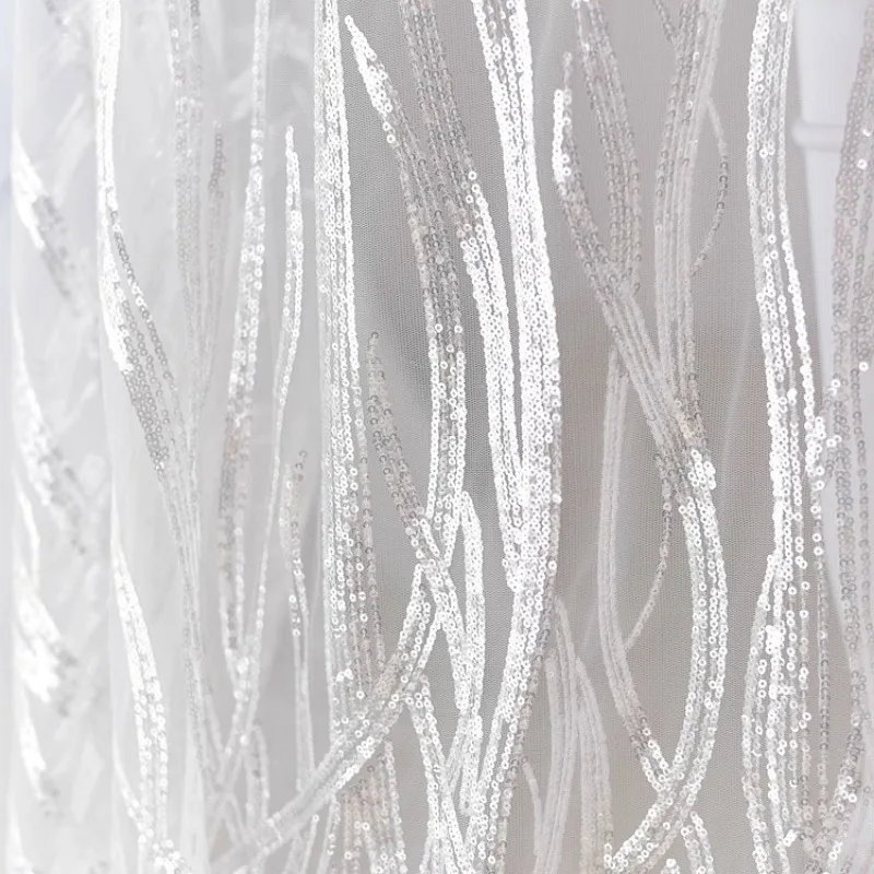 White Willow Branch Sequined Embroidered Lace Fabric For Costume Shows Stage Dress Material 1 Yard long Fabric L159