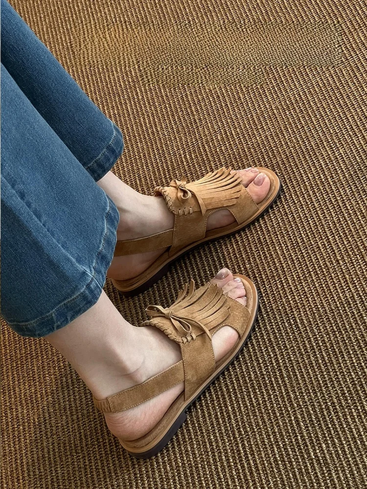 Summer Flat Heel Sheepskin Tassel Women's Sandals Breathable Versatile Holiday Style Open-Toe Slip-On Shoes Rubber Outsole