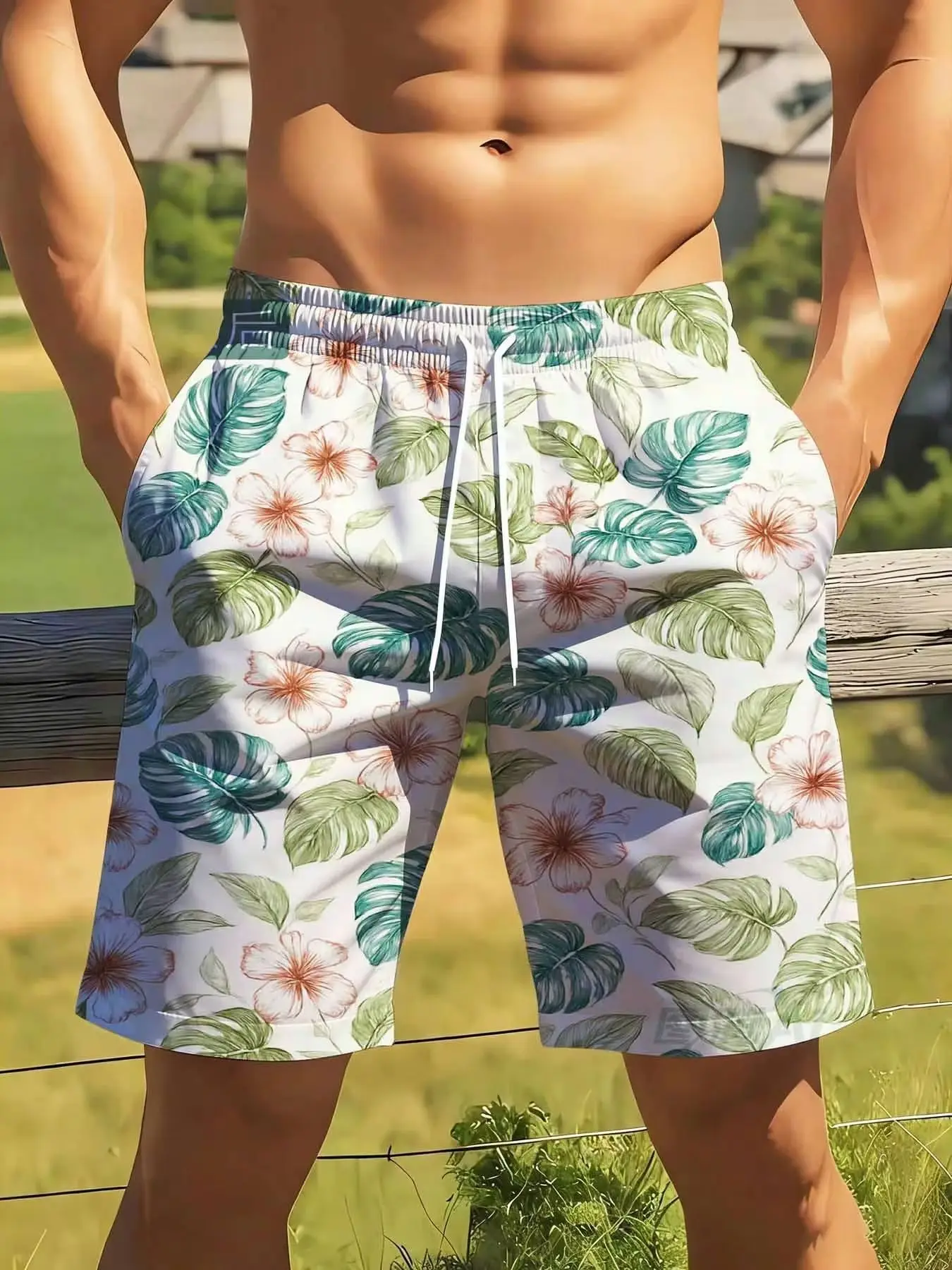 

Tropical Leaf And Flower Print Men's Swim Trunks Quick Dry Beach Shorts For Summer Vacation Outdoor Activities